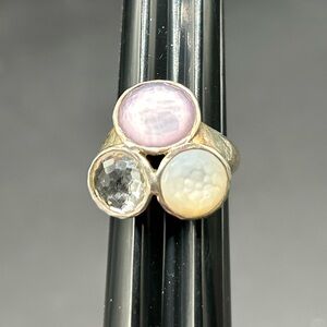 Ippolita 3 station crystal/quartz hammered silver Ring pink, clear stones